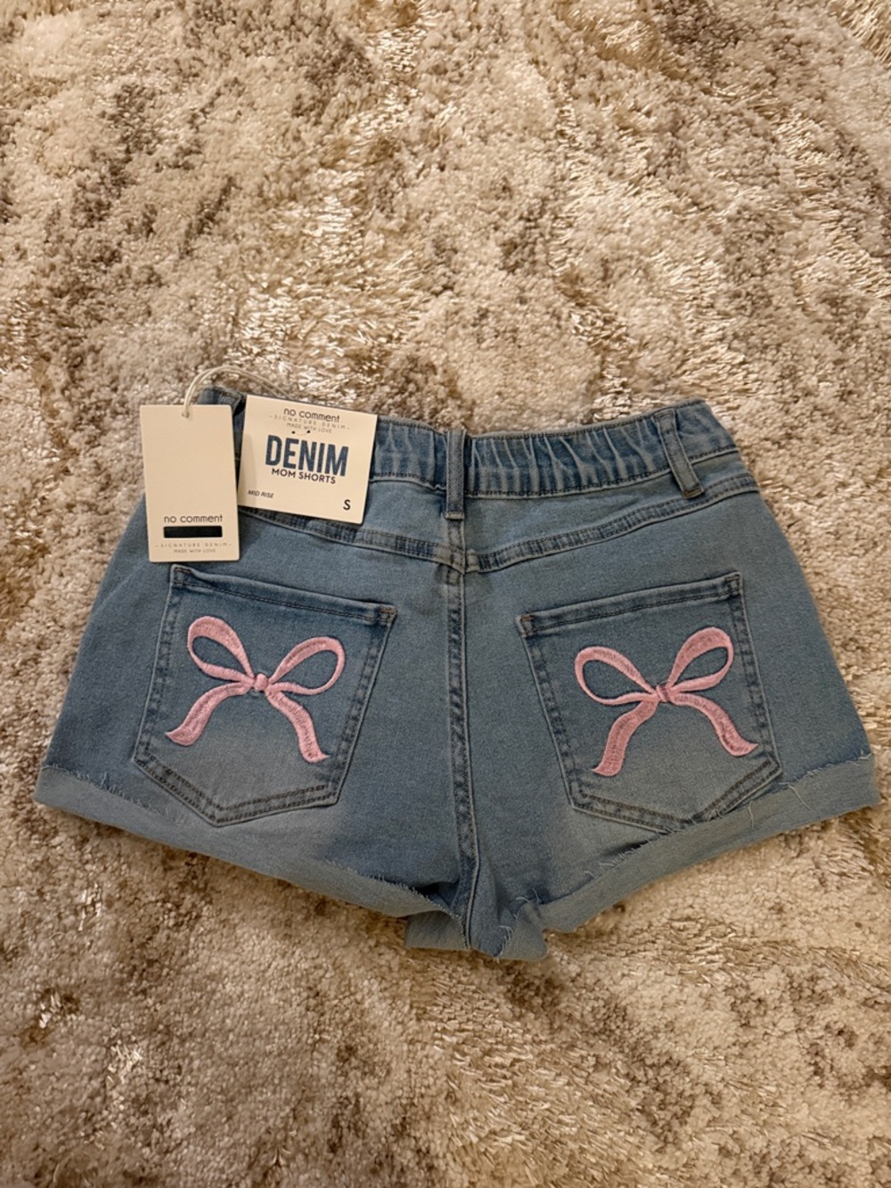 No Comment Denim Blue Shorts with Pink Embroidered Bows